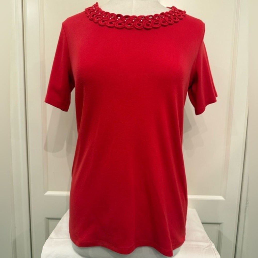 Alia Womens Sz Medium Red Short Sleeve Braided Scoop Neck T-Shirt wSilver Dots